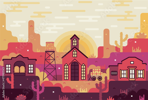 Old western town in flat game stile. Vector cartoon illustration
