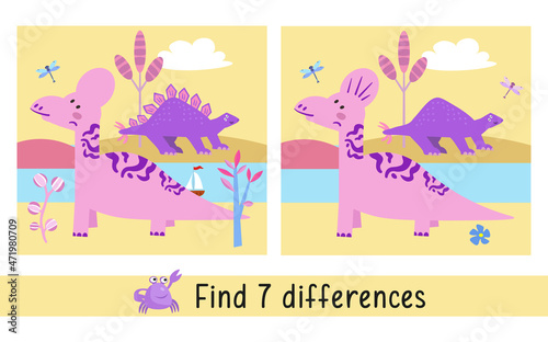 Cute dinosaur in Jurassic park. Find 7 differences. Game for kids. Activity hand drawn colored characters vector illustration.