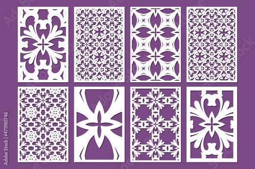 Laser cut ornamental panel templates set 2:3. Template for wedding invitation or greeting card. Cabinet fretwork screen. Metal design, wood carving, vector.