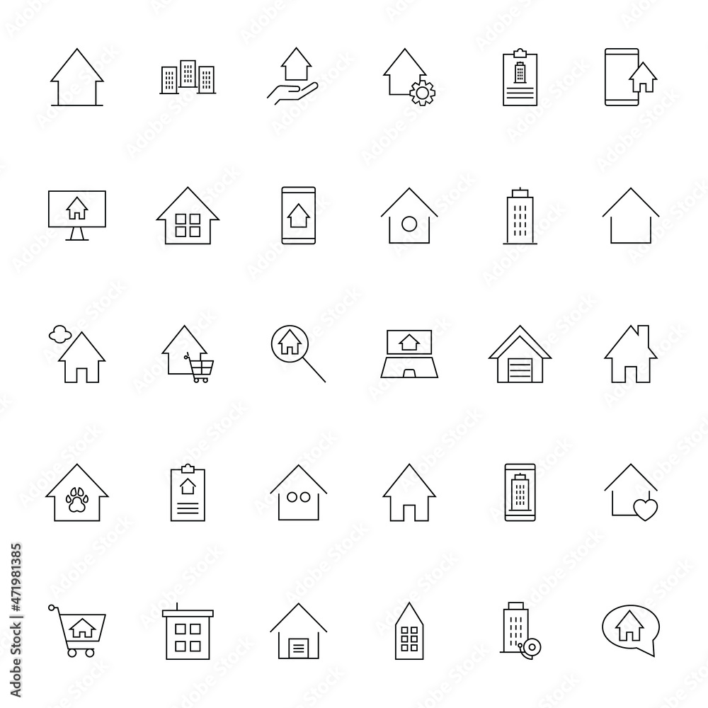 Real estate and mortgage concept. Collection of vector outline symbols for advertising, promotion, stores, banners. Line icons of private houses, apartment building, mortgage contract etc
