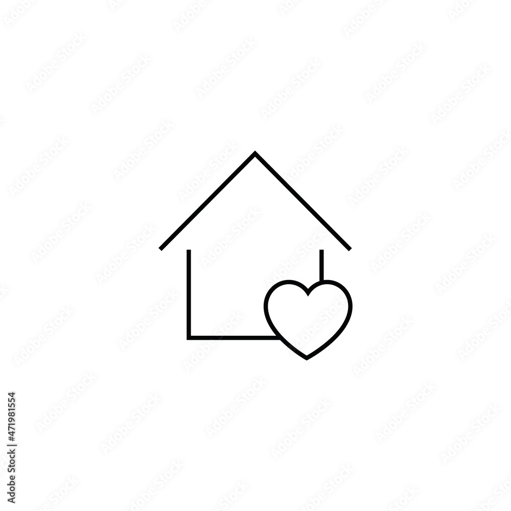 Obraz premium Property and mortgage concept. Vector outline sign, thin line. Perfect for advertising, web sites, online shops and stores. Line icon of heart next to house as symbol of family and love