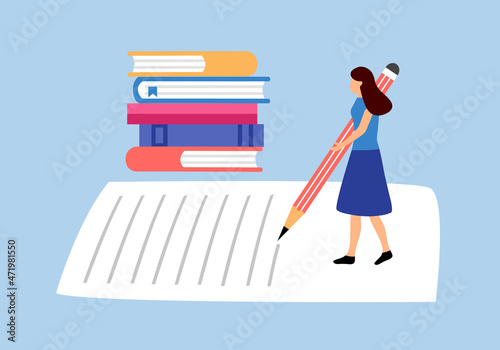 Woman holding big pencil writing content on paper in flat design. Blogger, content writer, book author concept.