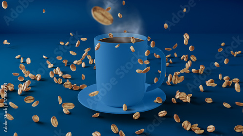 Blue coffee mug mockup with beans on a blue background. Coffee beans