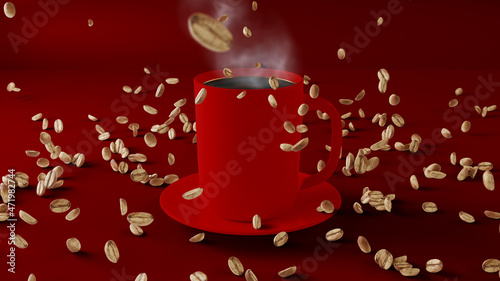 Red coffee mug mockup with beans on a red background. Coffee beans