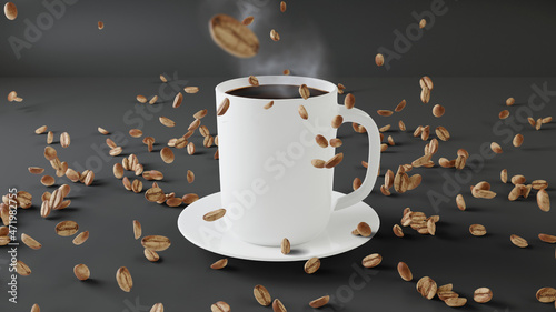 White coffee mug mockup with beans on a black background. Coffee beans