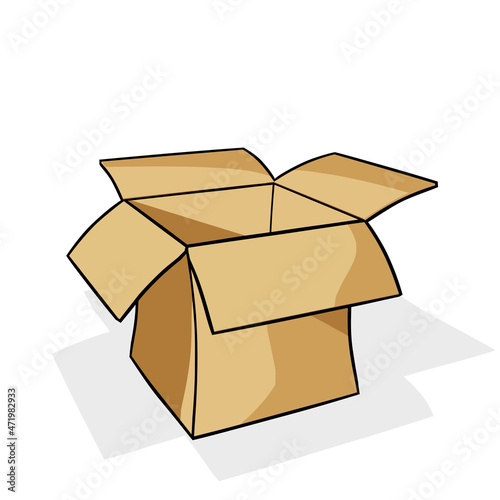 Empty open cardboard box with shadow on a white background. Simple vector illustration in comic cartoon style