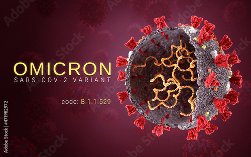 Omicron coronavirus variant Sars ncov 2 2021 2022. Omicron B.1.1.529 Strain. South Africa Coronavirus variant. 3D illustration  photo