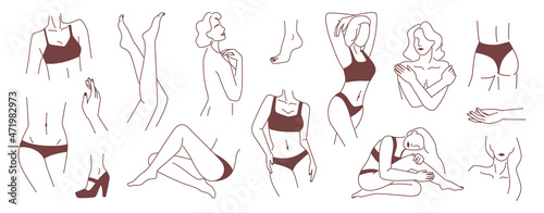Minimalist outline set of abstract female body, line art. Posing girl showing slim waist and shoulders, legs and elegant wrist hand. Character wearing bra and panties, model in shoes on heel vector