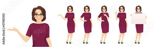 Elegant mature business woman in different poses set. Various gestures pointing, showing, standing, holding empty blank board isolated vector illustration