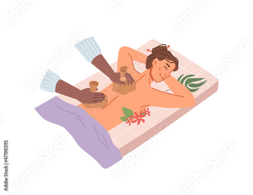 Woman on Thai massage, SPA pouches and Hawaiian hibiscus flat cartoon. Vector cloth bags with salt or herbs for massaging procedure. Young girl in salon, anti stress relaxation, masseuse hands