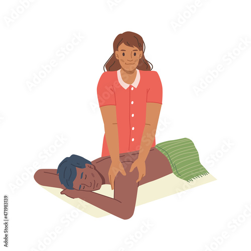 Spa therapy relaxing afro american man getting massage on back and shoulders, flat cartoon. Vector luxury healthcare treatment. Guy relax in beauty salon, health care, pleasure and bodycare