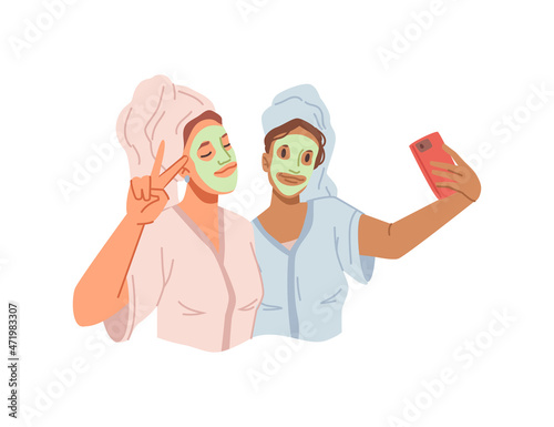 Best friends resting in spa salon isolated female characters taking selfie on smartphone, posing and smiling. Vector girls with facial masks for moisturizing and care, teens with towels wearing gowns