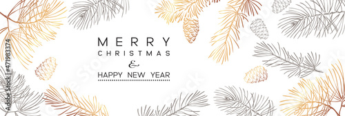 Winter holidays or Christmas background with branches and snowflakes. Banner or flyer with branches of Christmas tree. Happy new year greeting. 