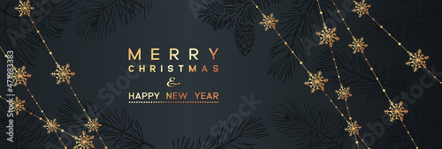 Winter holidays or Christmas background with branches and snowflakes. Banner or flyer with branches of Christmas tree. Happy new year greeting. 