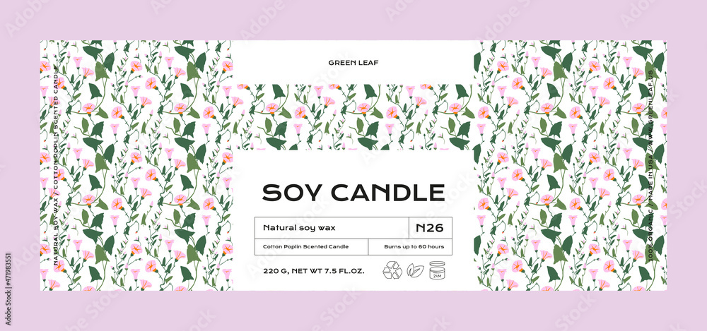 Hand drawn botanical vector cosmetics label design template for soy candle
