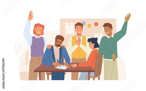 Boss or director signing document or agreement, team cheering and applauding. Vector office and happy characters, development of company and working on partnership. Collaboration and cooperation