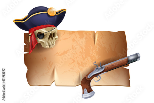 Pirate parchment paper game frame, vector vintage map background, jolly roger skull, captain hat, pistol. Corsair sign board banner texture invitation blank certificate on white. UI pirate frame label