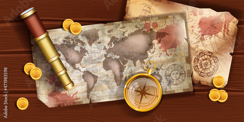 Old pirate world map vector background, corsair antique parchment travel paper, golden galleon coin. Vintage earth cartography navigation sheet, spyglass, ancient compass. Vintage map on wooden table