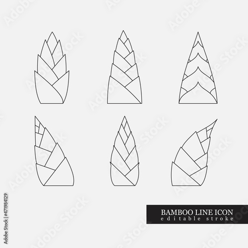 Bamboo edible young shoots or sprouts thin line icon or logo set. Vector asian cuisine food, dishes or broth ingredient. Vegetarian food snack, healthy bamboo shoots or roots illustration collection.