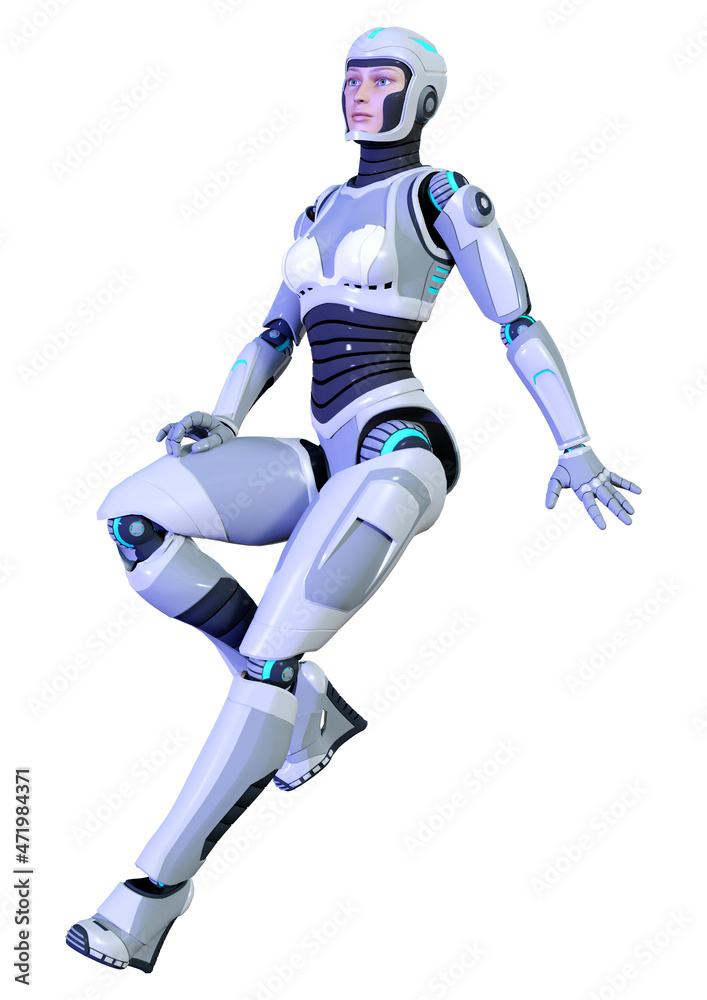 3D Rendering Female Robot on White