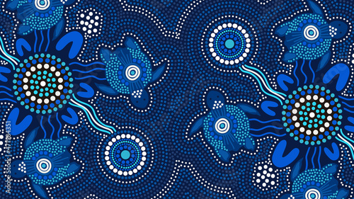 Aboriginal dot blue painting with turtle