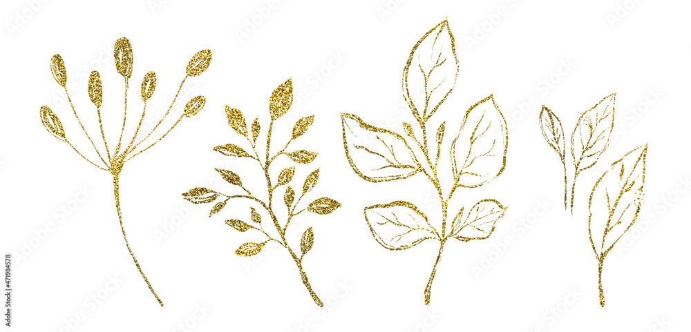 Branches, leaves and berries in shiny foil. Golden glitter floral elements. Botanical floral set of illustrations for modern boho bouquets, wedding cards Branches, leaves and berries in shiny foil. Golden glitter floral elements. Botanical floral set of illustrations for modern boho bouquets, wedding cards