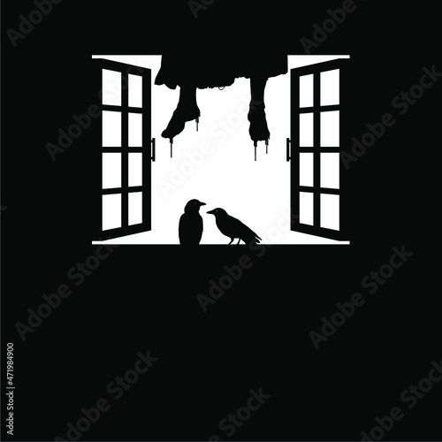 Hanging Bloody Woman Legs and Crow (Raven) on the Windows. Dramatic, Creepy, Horror, Scary, Mystery, or Spooky Illustration. Illustration for Horror Movie or Halloween Poster Element. Vector 