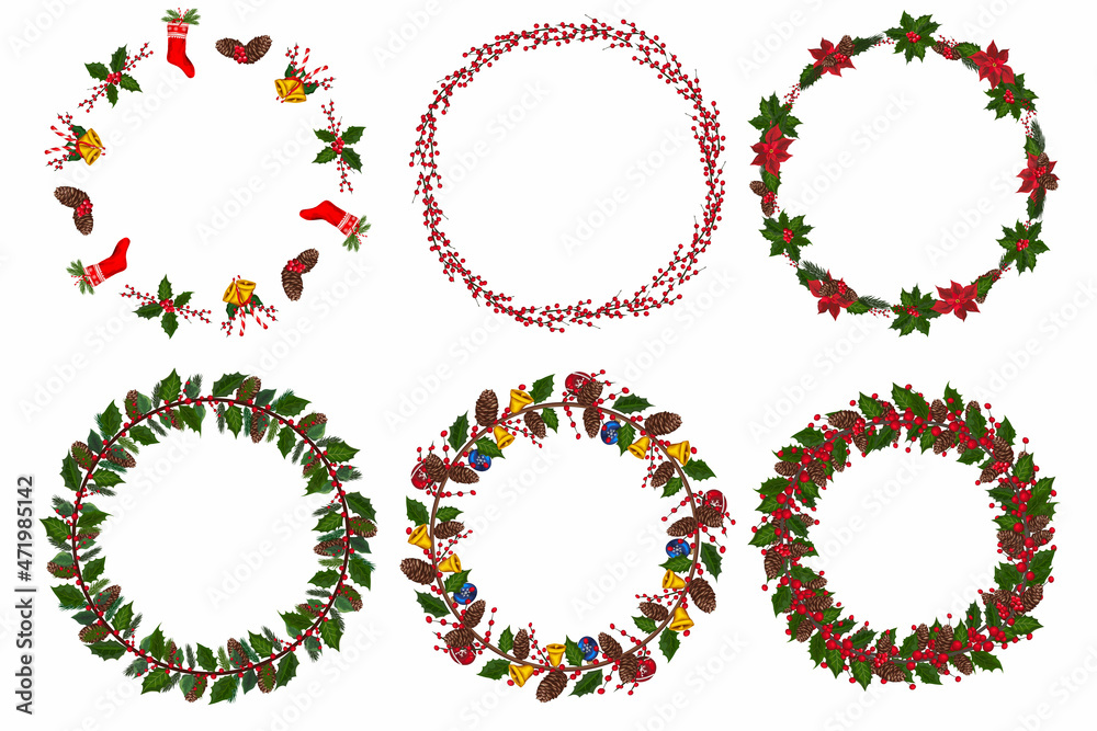 Set of christmas wreath with winter floral elements. Vector illustration. Set of christmas wreath with winter floral elements. Vector illustration.