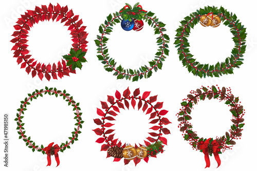 Set of christmas wreath with winter floral elements. Vector illustration.