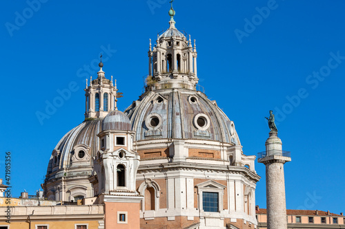View of the domes of the churches and Trajan's Column at the Trajan Forum, Rome, Italy