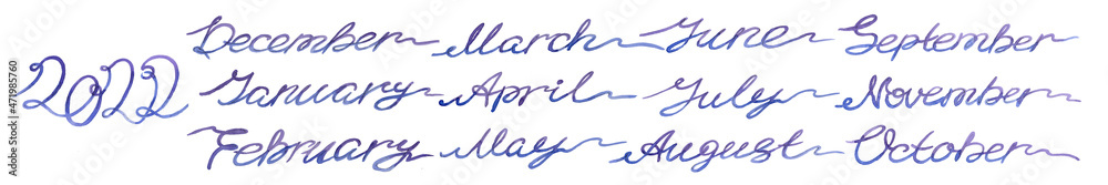 Watercolor continuous blue and violet one line drawing lettering 2022 number year and month names on white background