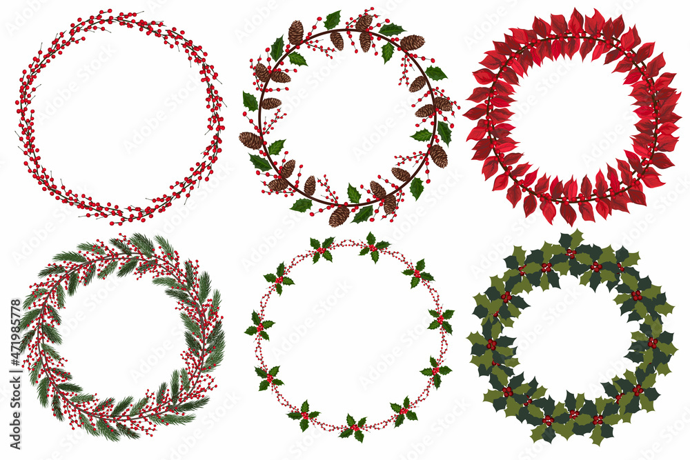 Set of christmas wreath with winter floral elements. Vector illustration. Set of christmas wreath with winter floral elements. Vector illustration.