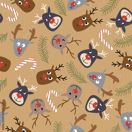 Endless Christmas background. Cute stylized deer, lollipop and fir branch. Seamless repeat pattern. Cartoon doodle.