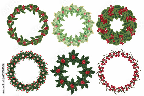 Set of christmas wreath with winter floral elements. Vector illustration.