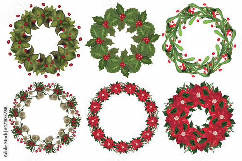 Set of christmas wreath with winter floral elements. Vector illustration.