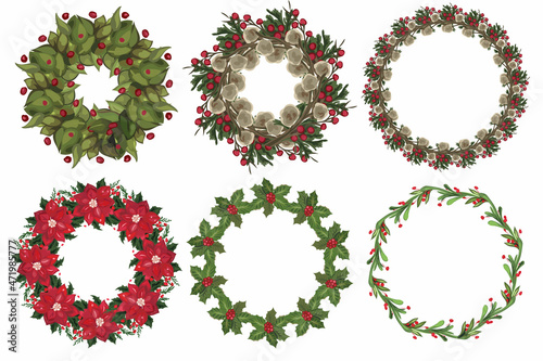 Set of christmas wreath with winter floral elements. Vector illustration.