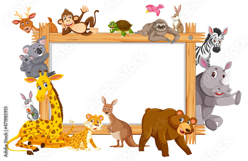 Empty wooden frame with various wild animals