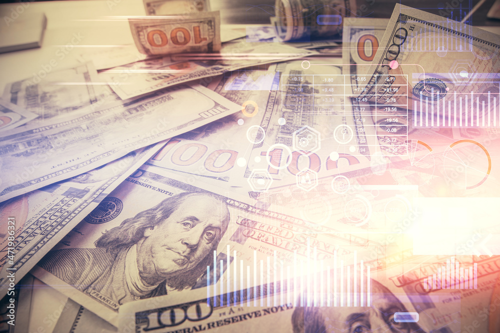 Double exposure of data theme drawing over us dollars bill background. Technology concept. Double exposure of data theme drawing over us dollars bill background. Technology concept.