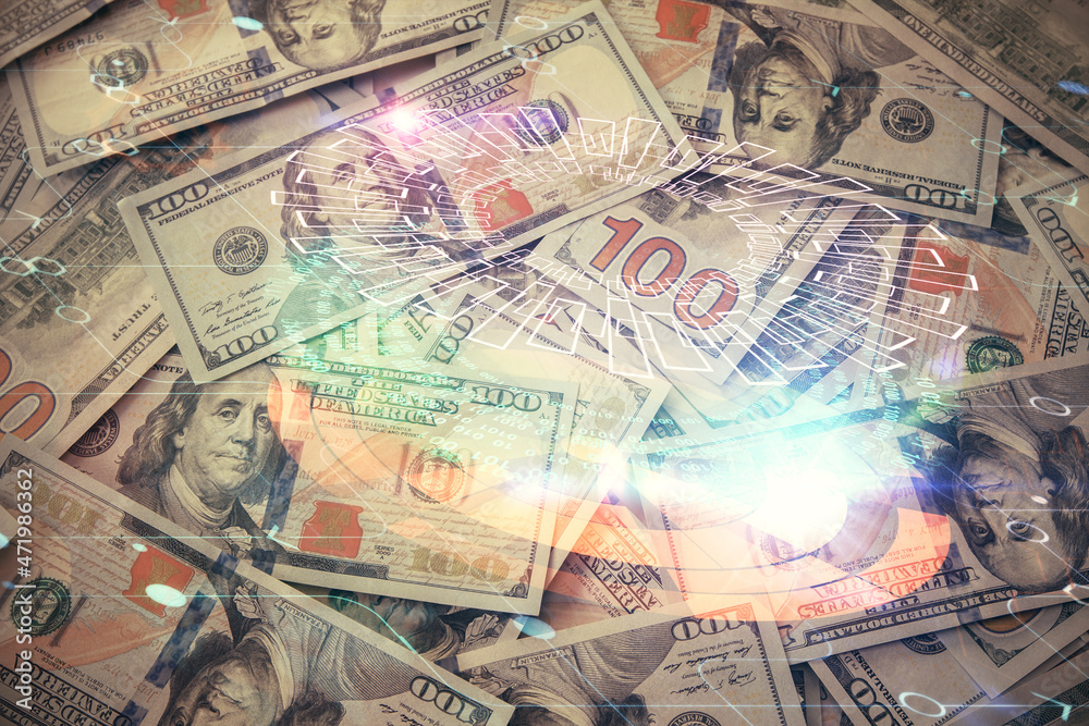 Double exposure of data theme drawing over us dollars bill background. Technology concept. Double exposure of data theme drawing over us dollars bill background. Technology concept.
