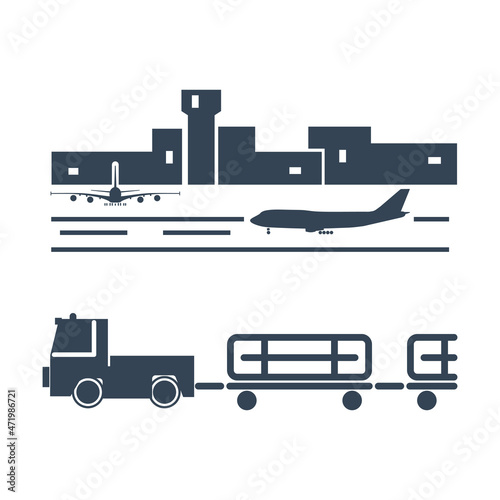 Vector black icon airport luggage towing truck, freight trolley