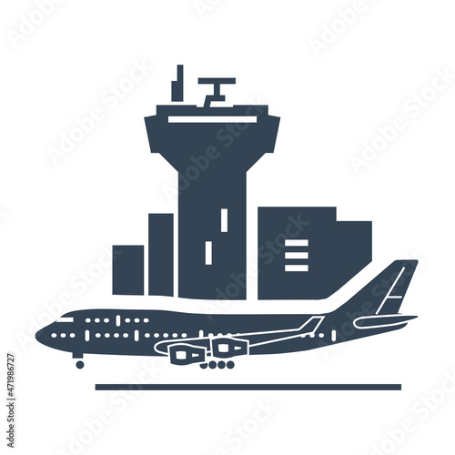 Vector black icon airport control tower, aircraft