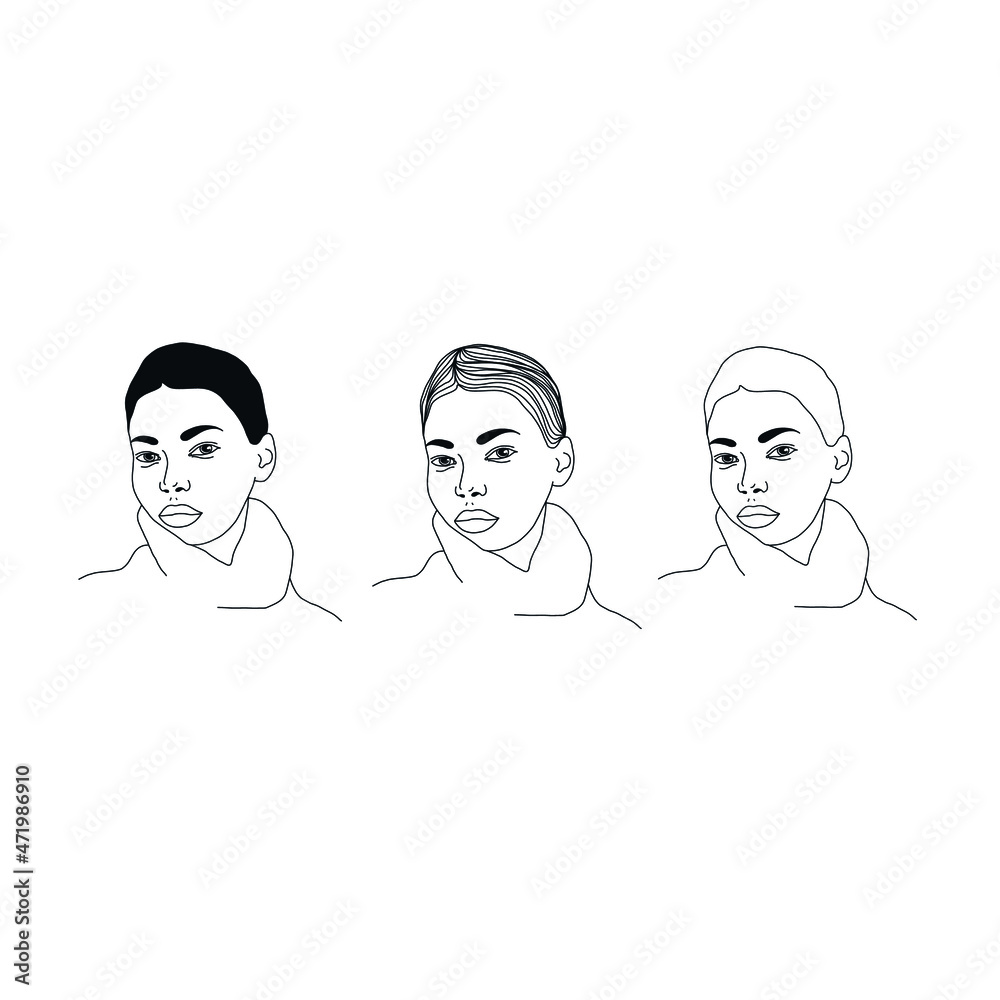 One line avatar. Face in minimalistic style. Beauty and simple. Continuous line. Hand drawn vector illustration. Woman portrait. One line avatar. Face in minimalistic style. Beauty and simple. Continuous line. Hand drawn vector illustration. Woman portrait.