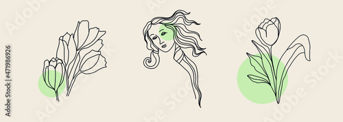 Foto Linear icons of Goddess by Sandro Botticelli and flowers