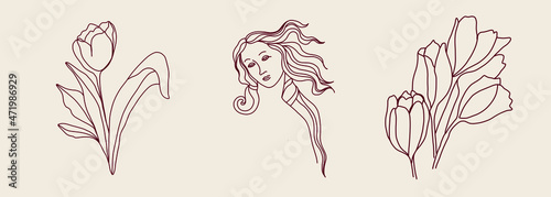 Linear icons of Goddess by Sandro Botticelli and flowers. Botanic elements. Renaissance. Hand drawn trendy outline vector design illustration