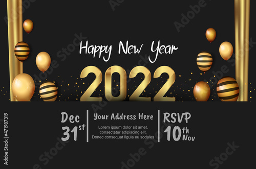 happy new year 2022 golden number with party element isolated on black background