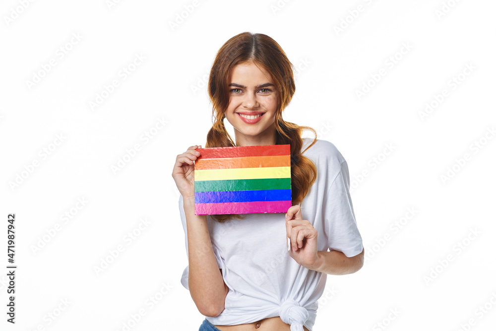 woman wearing white t-shirt lgbt flag inventor community woman wearing white t-shirt lgbt flag inventor community
