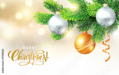 Christmas greeting banner with fir branch and balls. Vector illustration.