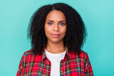 Photo of young pretty african woman smart agent wear casual clothes isolated over teal color background