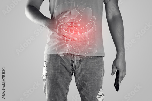 Illustration of internal organs is on the man body against the gray background. Peopel touching stomach painful suffering from enteritis. internal organs of the human body. photo