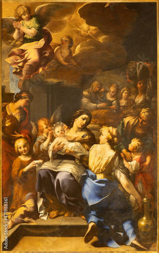 ROME, ITALY - SEPTEMBER 2, 2021:The painting of Nativity of Virgin Mary in the church Chiesa di Santa Maria in Publicolis by Raffaello Vanni (1590 -1673).